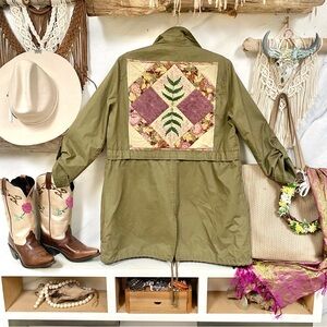 UPCYCLED quilted patchwork back detailing army green longer canvas jacket